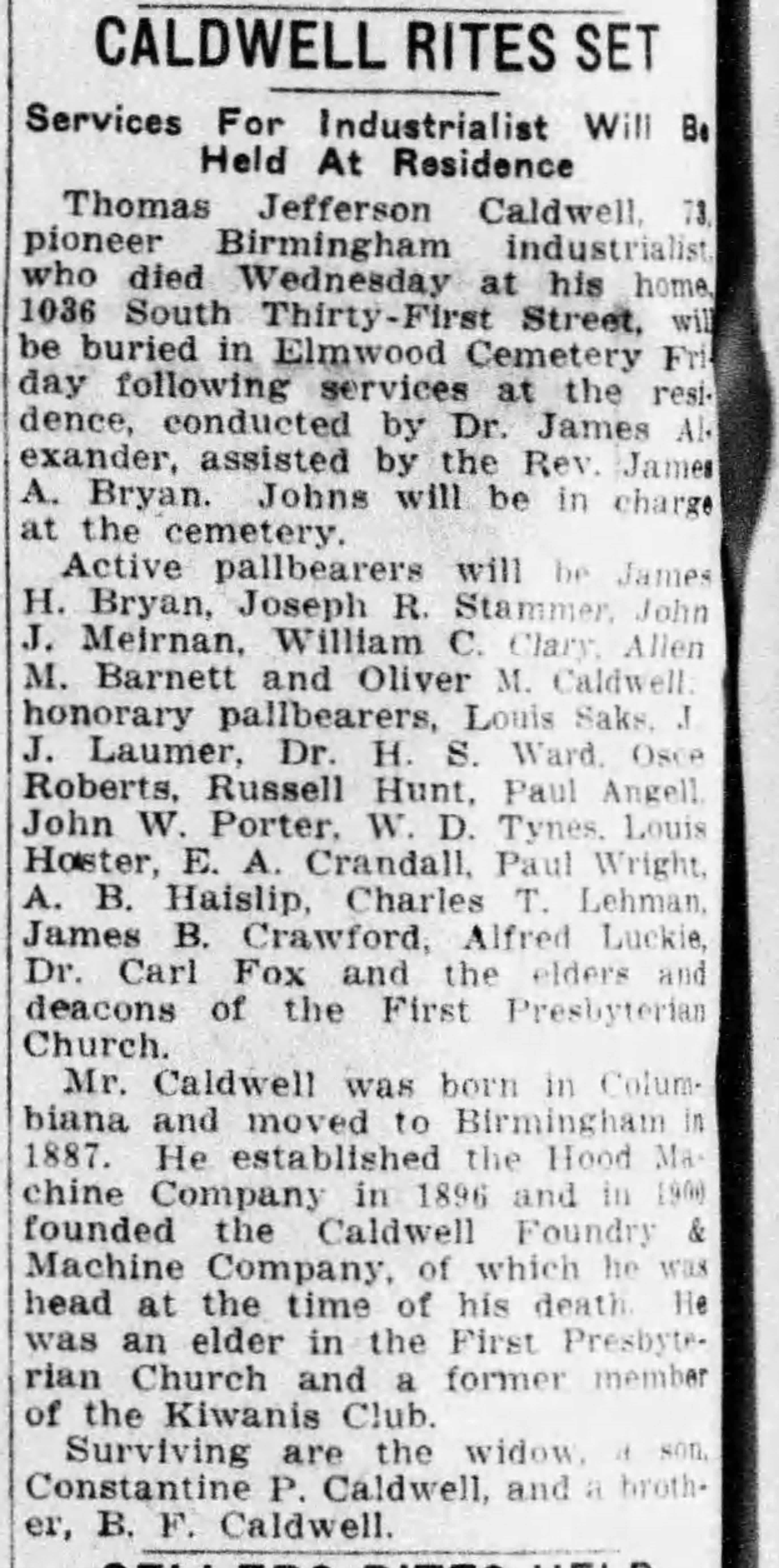 Thomas Jefferson Caldwell obituary